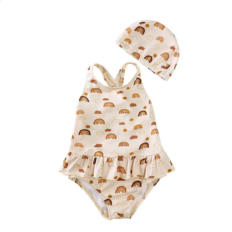Girls Cute Backless Floral One-piece Swimsuit Baby Bikini Swimwear with hat Sun-proof Beach Vacation Toddlers Kids Chic Swimsuit 250319