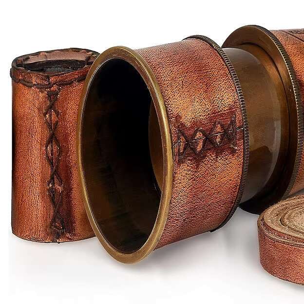 Antique Spyglass Decor Handheld Brass Monocular Telescope Wooden Stand RJ HANDICRAFT STORE's Pirate Style with Leather Case