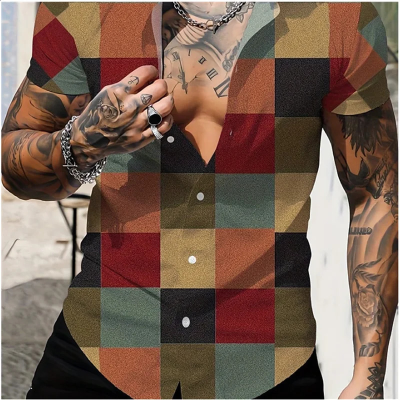 Colorful checkeredcheckered casual mens shirt suitable for daily wear weekend outings summer collar short sleeved 5XL quick 250317