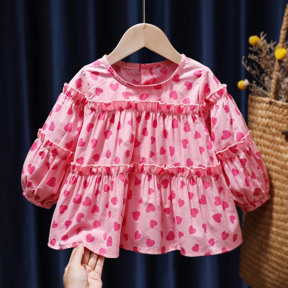 Korean Spring Autumn Children Girls Shirt Pink Heart Print Long Sleeve Lace Cotton Kid Baby Blouse Sweet Little Tops 250319
