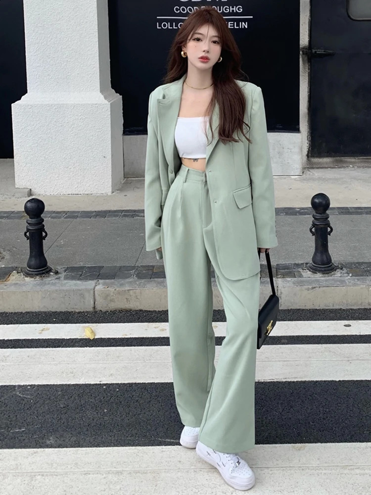 professional twopiece womens fashion Korean loose long sleeved jackethigh waist wide leg pants set for office ladies 250319