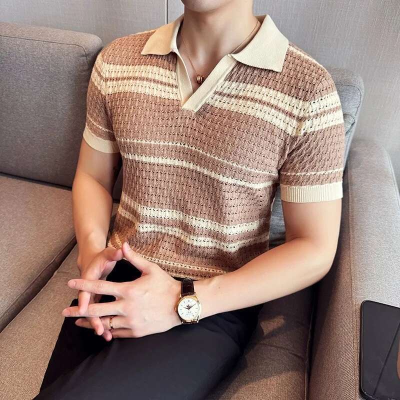 Advanced Design Striped Jacquard Short Sleeve V-Neck POLO Shirt Men's Summer New Trend Korean Hollow Breathable Knit T-Shirt