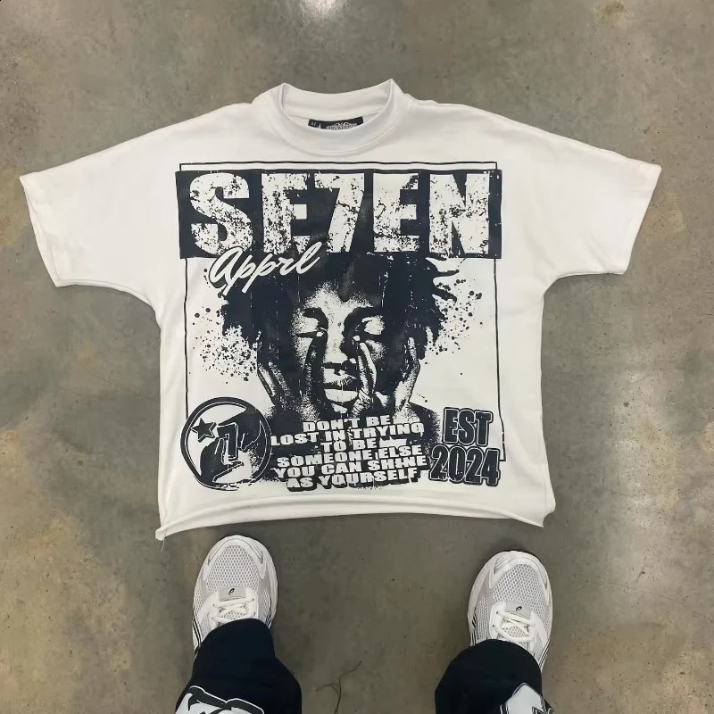 Y2K top Alphabet print Street Harajuku short sleeved Tshirt mens 2024 retro loose couple casual oversized shirt from the United States 250318