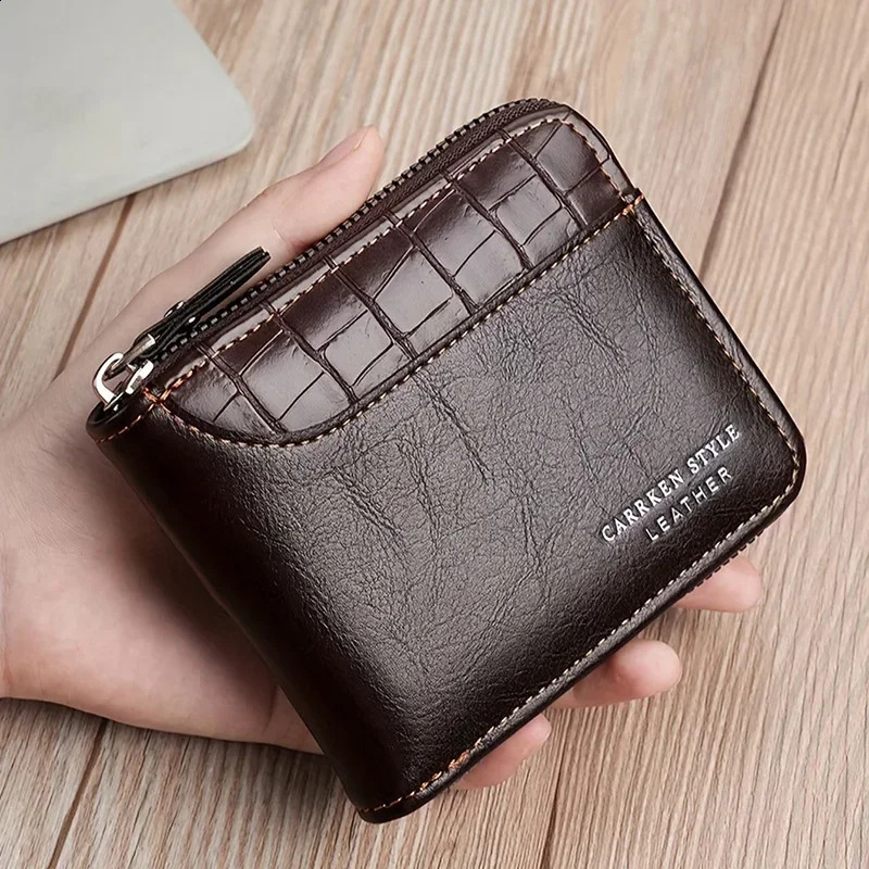 Leather mens wallet mens wallet mens zipper card holder with coin pocket Rfid wallet mens money bag gift 250318