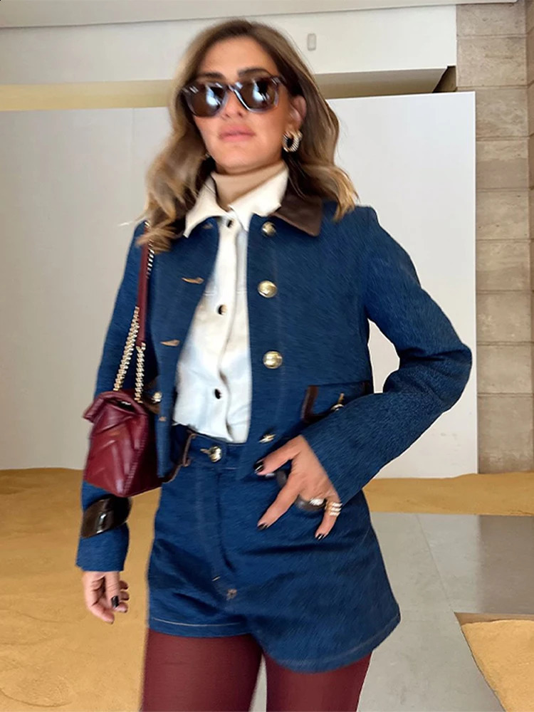 Casual Denim Shorts Jackets Sets Women Lapel Single Breasted Patchwork Pu Coats Suit Female 2025 Spring Street Set 2 Pieces 250319