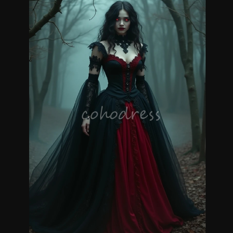 Fantasy Black And Red Gothic Wedding Dress Vampire Witch Elf Aesthetic Baroque Victorian Bridal Dress Lace Bohemian Bride Regal Robes De Mariee Vampir