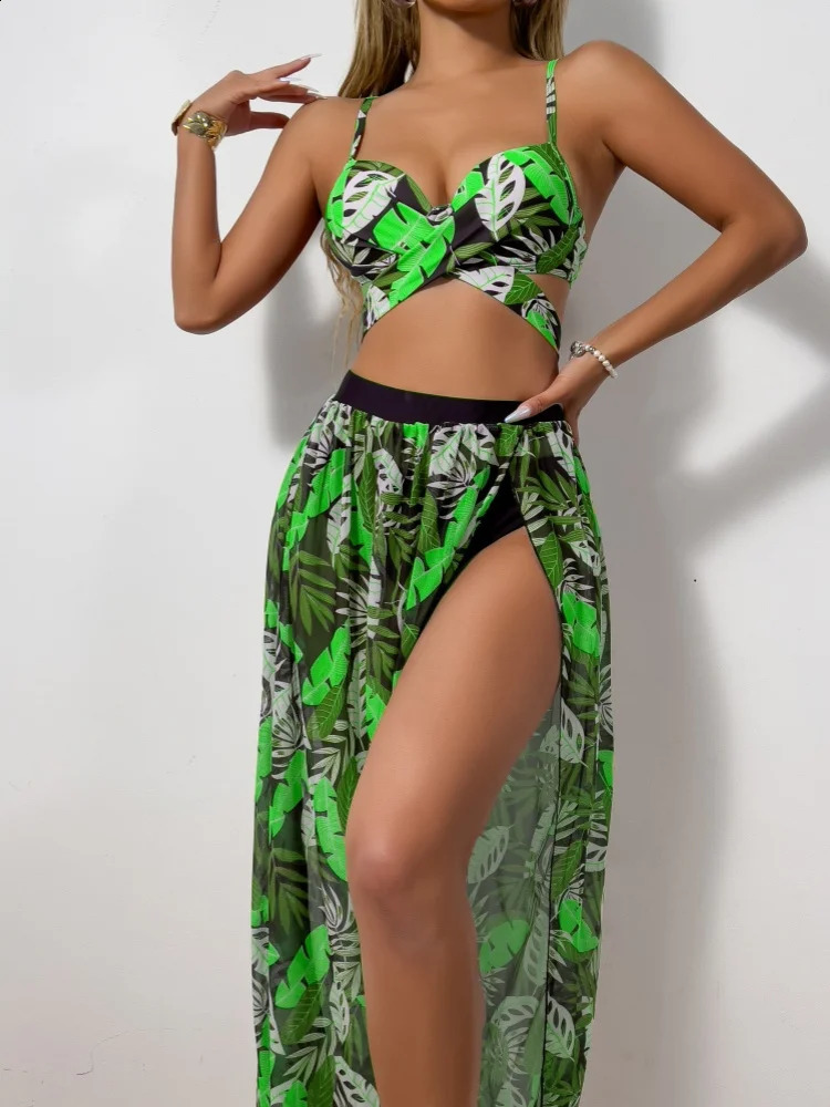 3 Pieces Strappy Bikini Women Push Up Swimsuit Sexy Swimwear Female With Beach Dress Bathers Bathing Swimming Swim Suit 250314