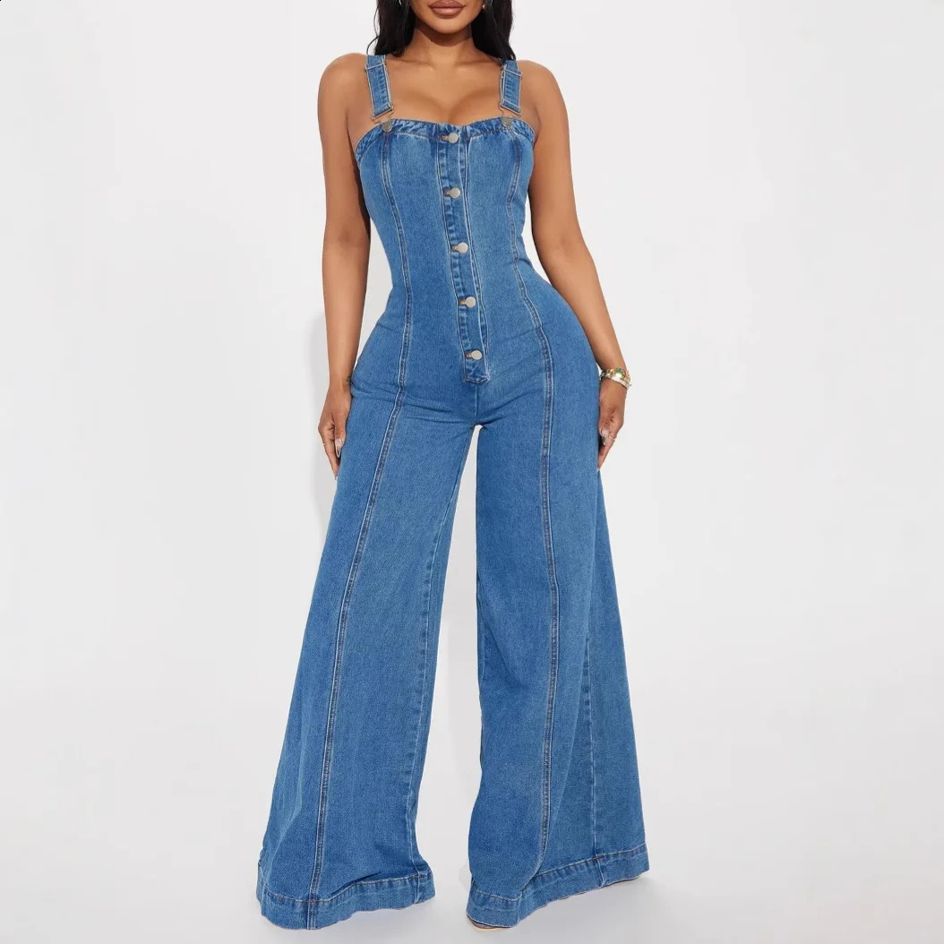 Jumpsuits Women One Piece Slim Fit Sling Sleeveless Demin Overalls Long Pants High Waist Rompers Wide Leg Pant Y2k Streetwear 250319