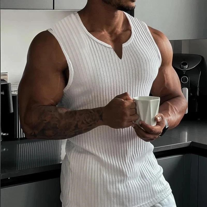 2024 Summer men Vneck Vest stripe gym Tank top Men Fitness sleeveless shirt Exercise Sports Undershirt Gyms train vest 250319