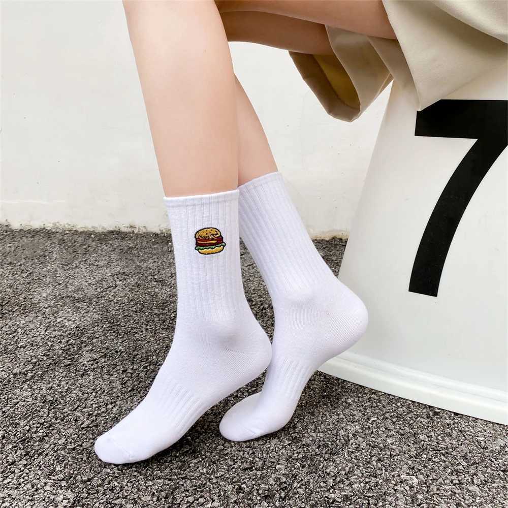 Warm Winter New Funny Embroidery Hamburger Pizza Pattern White Black Gray Casual Hipster Thick Socks Christmas Gift Dropship X250319