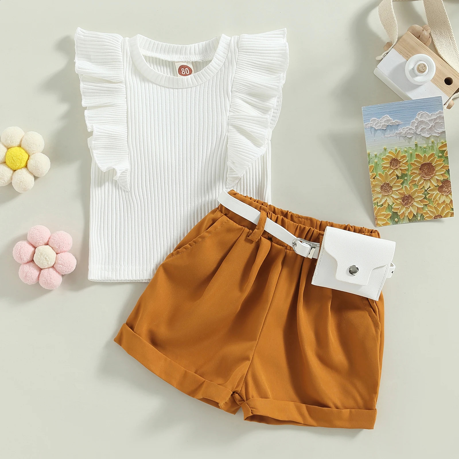 Children infants girls summer clothing flight sleeves ribbed tank tops and elastic casual shorts with belt set 9M4T 250312