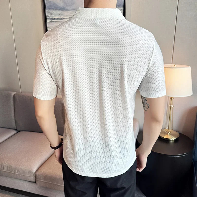 Mens Waffle Polo Shirt British Style Summer Ice Silk Thin Solid Casual Elastic Slim Fit Short Sleeved T-shirt Mens Clothing 250318