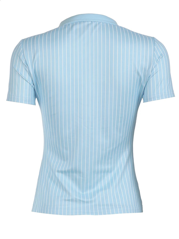 Sweetown Blue Stripe Short Sleeve Shirts For Women Button Up Turn Down Collar Slim Simple Casual Preppy Tops Basic Summer Tees 250319