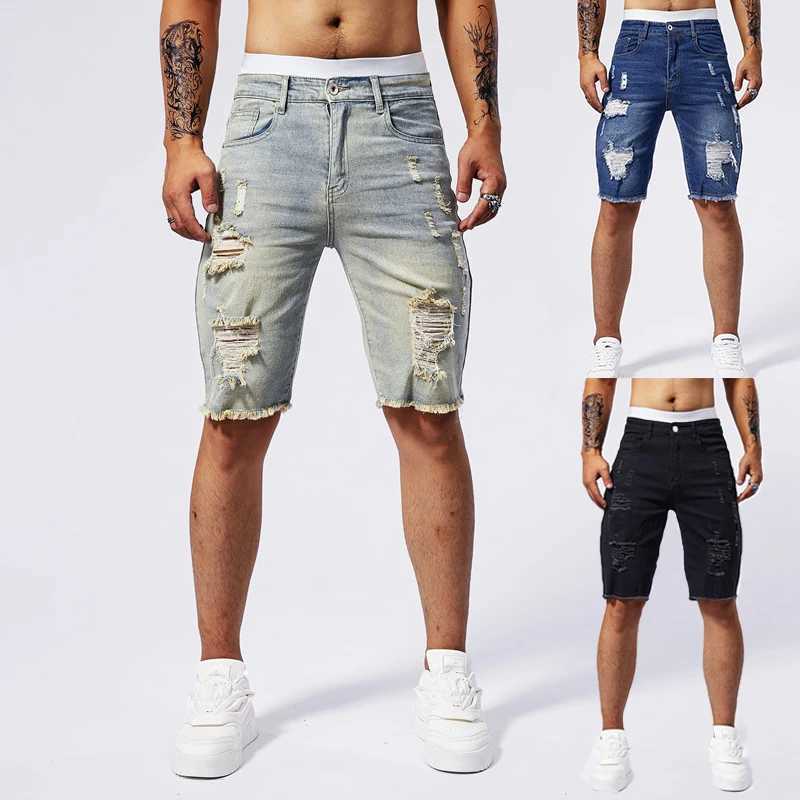 2025 Summer New Mens Ripped Denim Shorts Fashion Vintage Hole Streetwear Stretch Slim Knee-length Short Pants Trendy Brand Male W250319