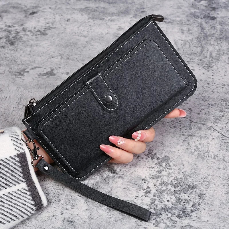 Fashion womens wallet simple zipper wallet black and white gray long clutch wallet soft PU leather wallet 250318