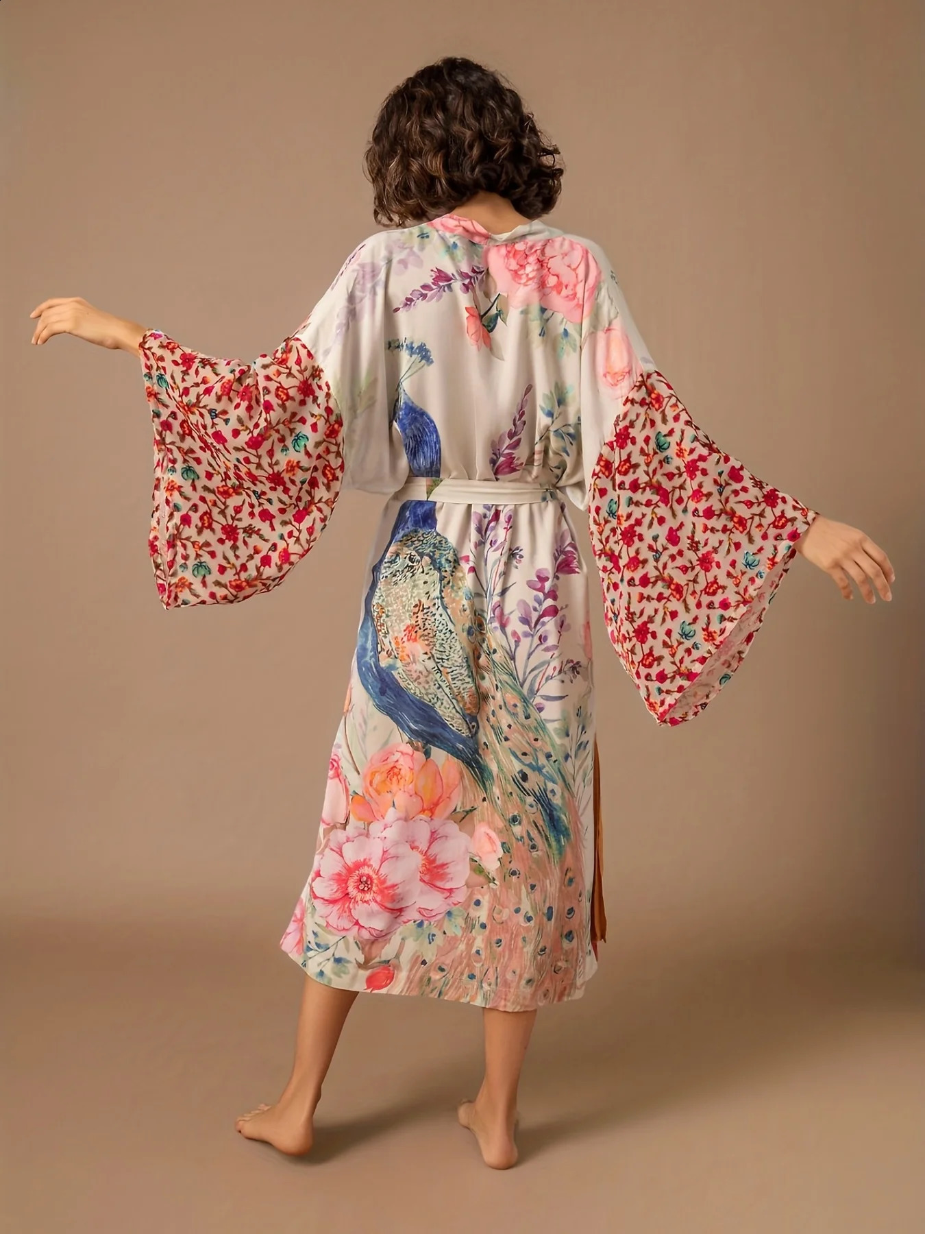 Beach Kimono for Women Peocock Printed Swimsuit Cover Up Self Belted Wrap Dresses Seaside Bathing Suits Beachwear 250319