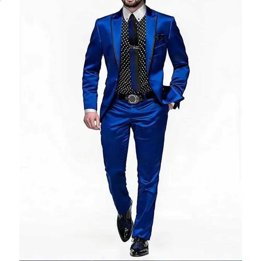 Royal Blue Satin Men Suit 2 Pieces Fashion Party Prom Wedding Groom Set Formal Male Slim Blazer with Pants Costume Marriage Homme 250311