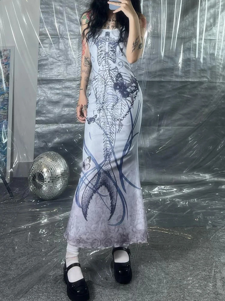 Sweetown Print Goth Y2K Spaghetti Straps Dress Women Aesthetic Mermaid Summer Dresses 250319