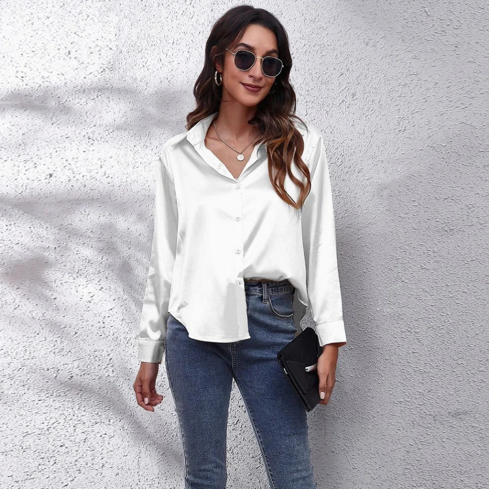 Satin shirt silk top elegant long sleeved loose womens Camisas De Mujer springsummer clothing 250318