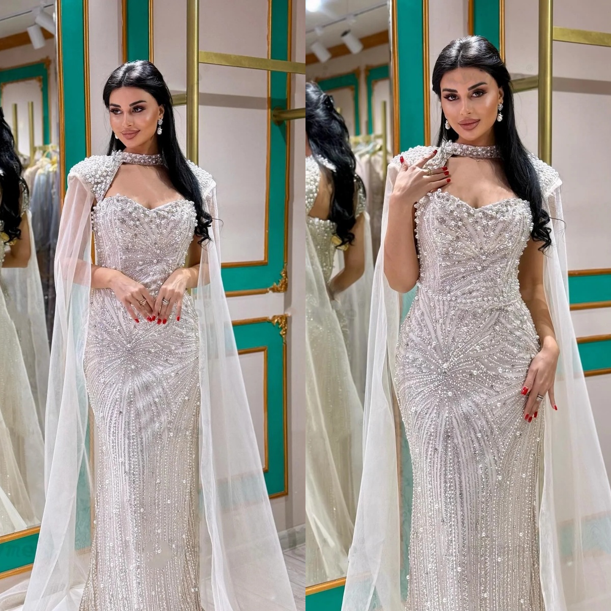 Designer Mermaid Wedding Dress Jewel Neck Long Sleeves Bridal Gowns Pearls Beaded Sequins Sweep Train Dresses Custom Made vestidos de novia