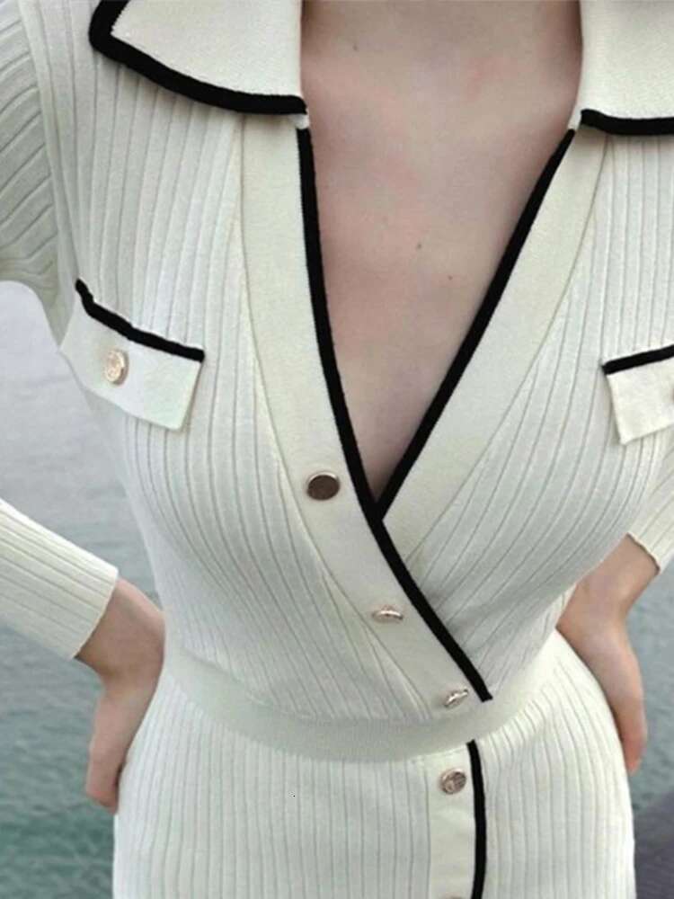dongdumaoyi Ladies Elegant Full Sleeve Dresses Knitted V neck Slim High Waist Long Dress For Women Autumn Casual Party Evening Sweater Dress