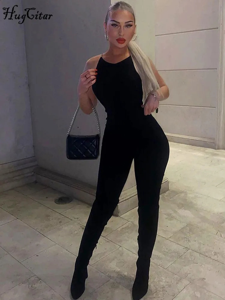 Hugcitar Women Fashion Black Sleeveless Backless Chains Sexy Bodycon Jumpsuit spring Party Festival Y2K Romper Overalls 250319