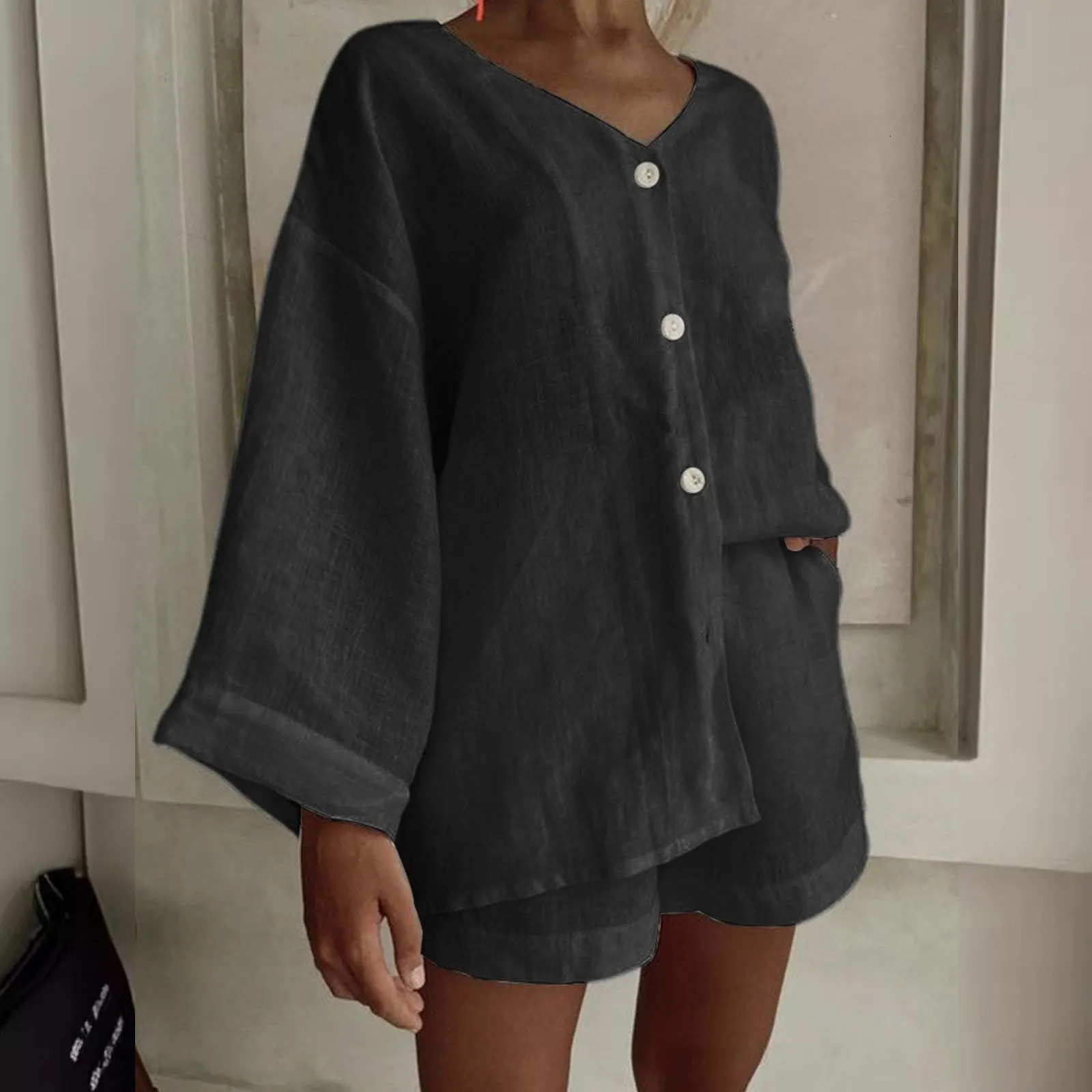 Spring/Summer Womens Holiday Shorts Set Womens Casual 2-piece Set Cotton Linen Brushed Elastic Waist Shorts 250318