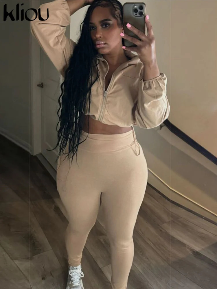 kliou Autumn Casual Women 2 Piece Set Classic Solid Long Sleeve Drawstring Zip-up CoatsSlim Pants Female Basic Sporty Outfits 250319