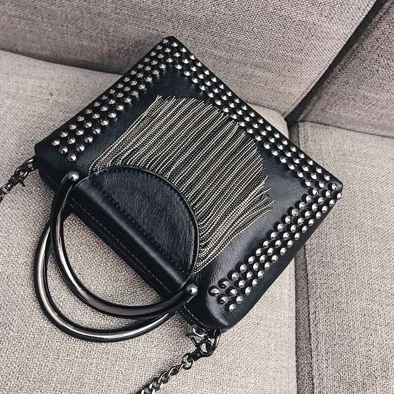 Rivet Design Women Handbag Mini Fashion Chain Tassel Lady Shoulder Bags Black Girls Flap Crossbody Bag Bolsa Franja Totes