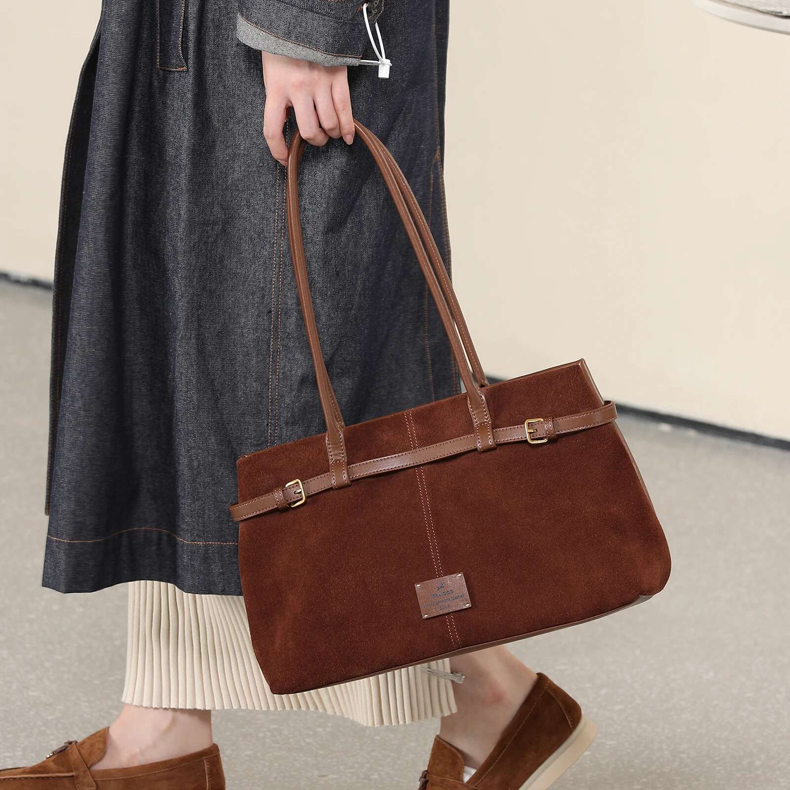 ITAMOOD Large Capacity Vintage Leather Briefcase Urious Original Design Tote Bag Maillard Brown Fashionable Handbag