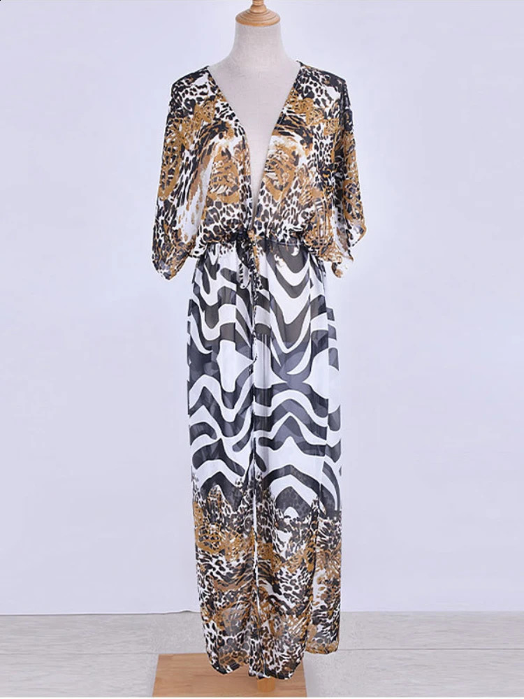 Bikini Cover Up Chiffon Beach Kimono Women Leopard Printed Long Cape for Swimsuit Tunic Summer Beach Wear Factory Supply 250319