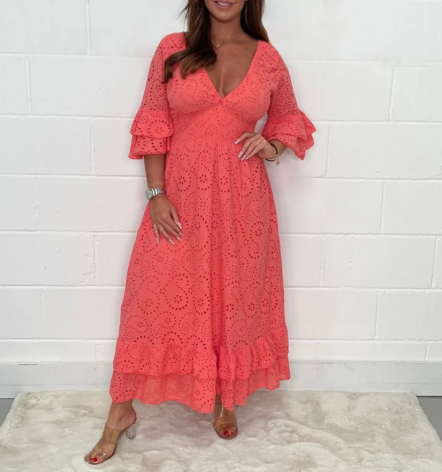 GY24118 Fashion V-neck Flare Sleeve Large Swing Cotton Leprosy Dress New Product
