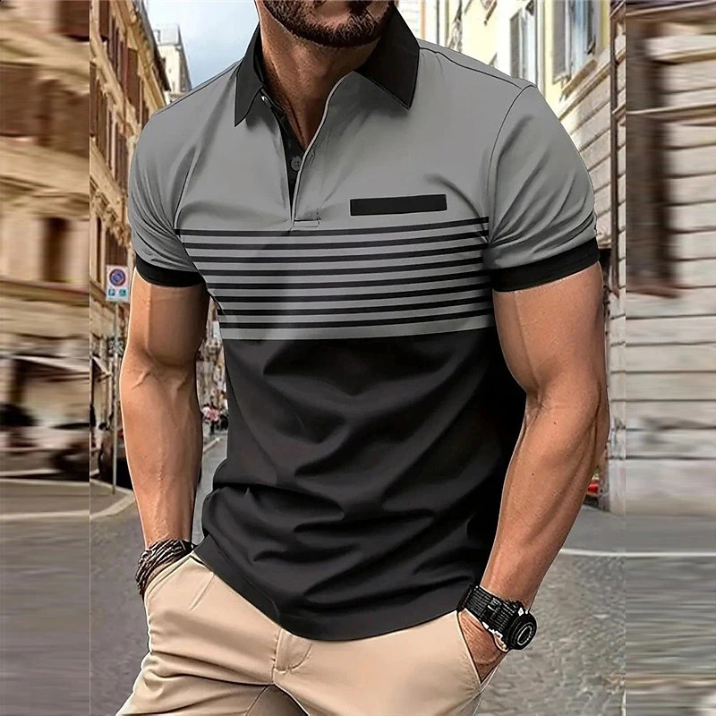 Business Mens Polo T Shirt Summer Short Sleeve Clothing Fashion Stripe Print Street Casual Buttons Tops Oversized Pullover 250319