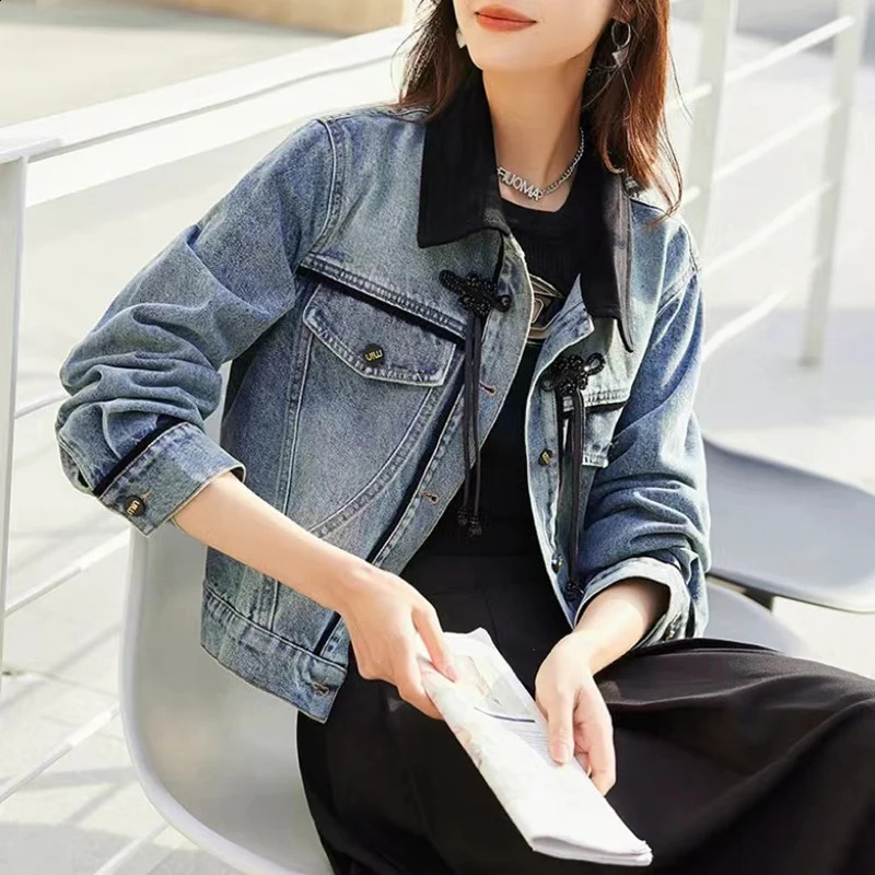 2024 Spring Denim Coat and Jacket Womens Splicing Work Color Chinese Style Tie Long Sleeve Blue Jeans 250319