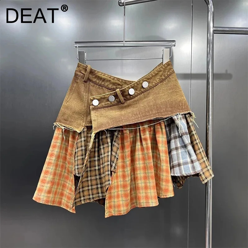 DEAT Summer Denim Solid A-line Womens High Waist Asymmetric Patch Work Plane Mini Skiing 29L755907 250317