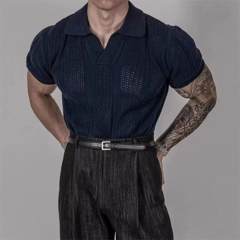 Hollow knit short sleeved polo shirt mens summer Korean top mesh texture shirt 250317