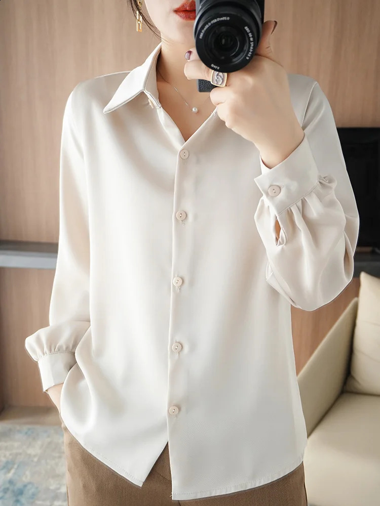 Womens long sleeved satin polo neck shirt for spring and summer 2024 warm loose solid cardigan 250319