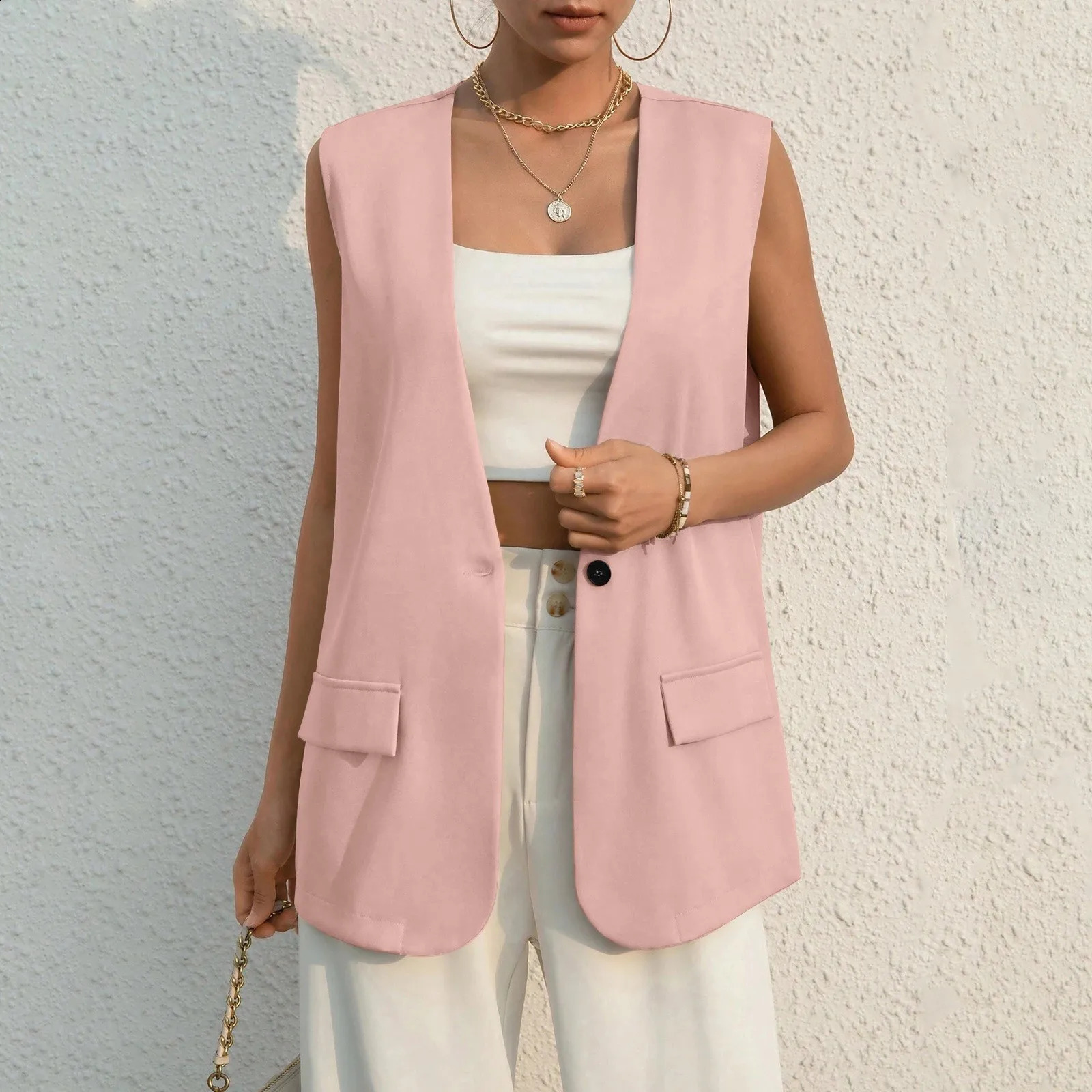 Fashion n set womens retro Vneck work casual loose jacket solid color single button sleeveless thin 250319