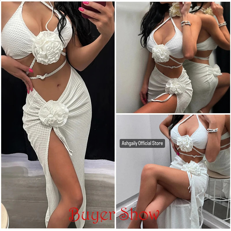 3pack Bikini with Beach Skirt Swimwear Women 3D Flower Swimsuit Halter Bathing Suit Beachwear Bikini Set Biquini 250314