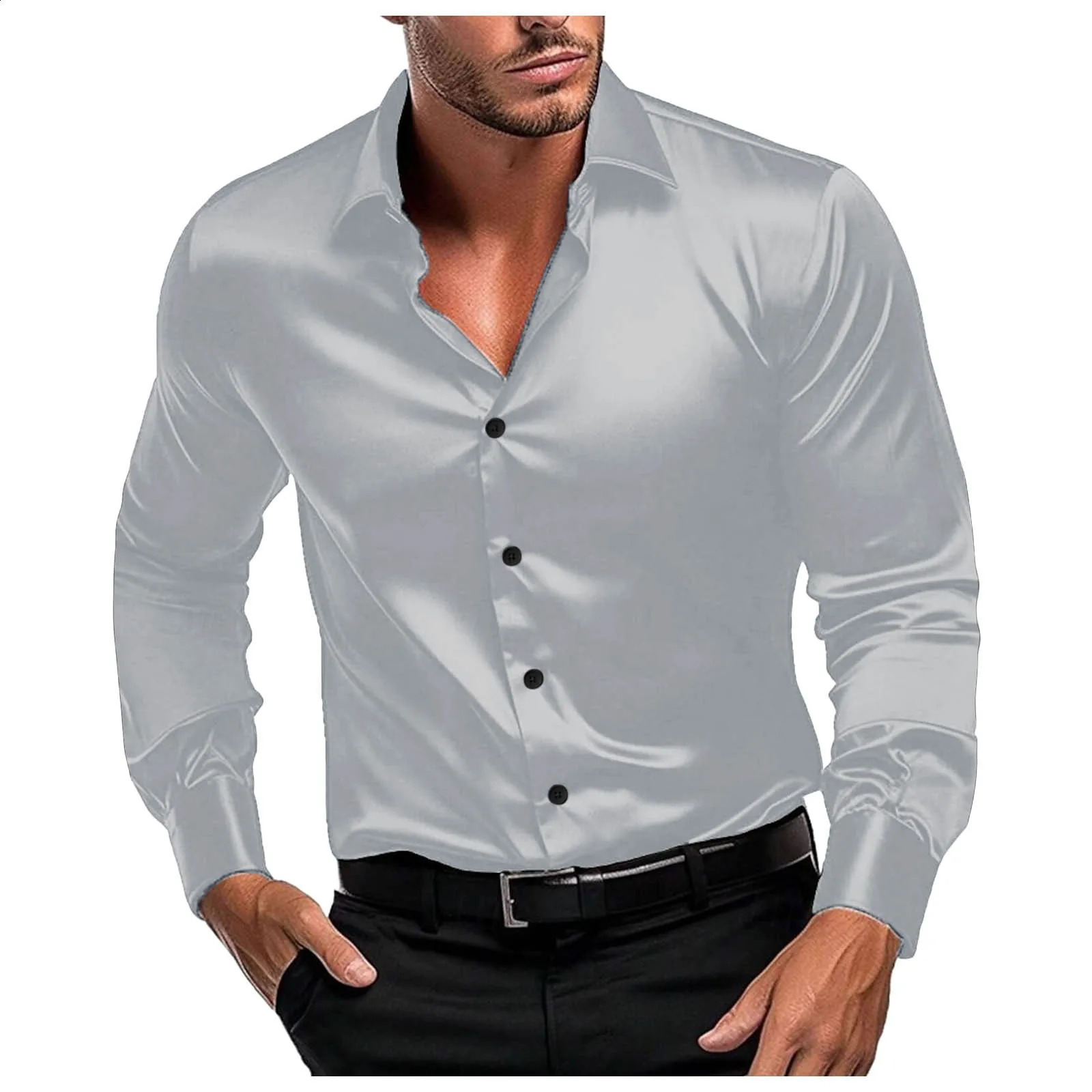 Mens Black Satin Shirt Stretch Wrinkle Formal Wedding Prom Long Sleeve Dress Shirt Casual Bussiness Slim Fit Button Down Shirts 250318