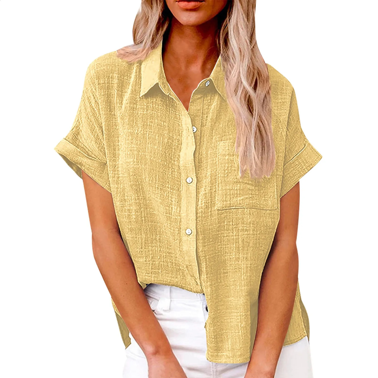 Womens simple and fashionable shirt casual classic shirt cotton linen short sleeved collar button up shirt warm top 250318