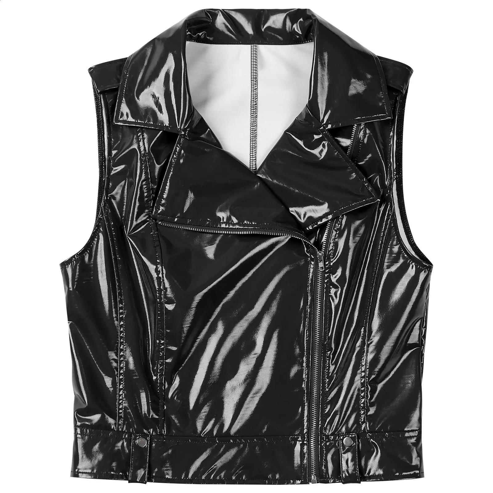 Womens shiny leather motorcycle jacket vest bicycle club streetwear sleeveless front zipper 250319