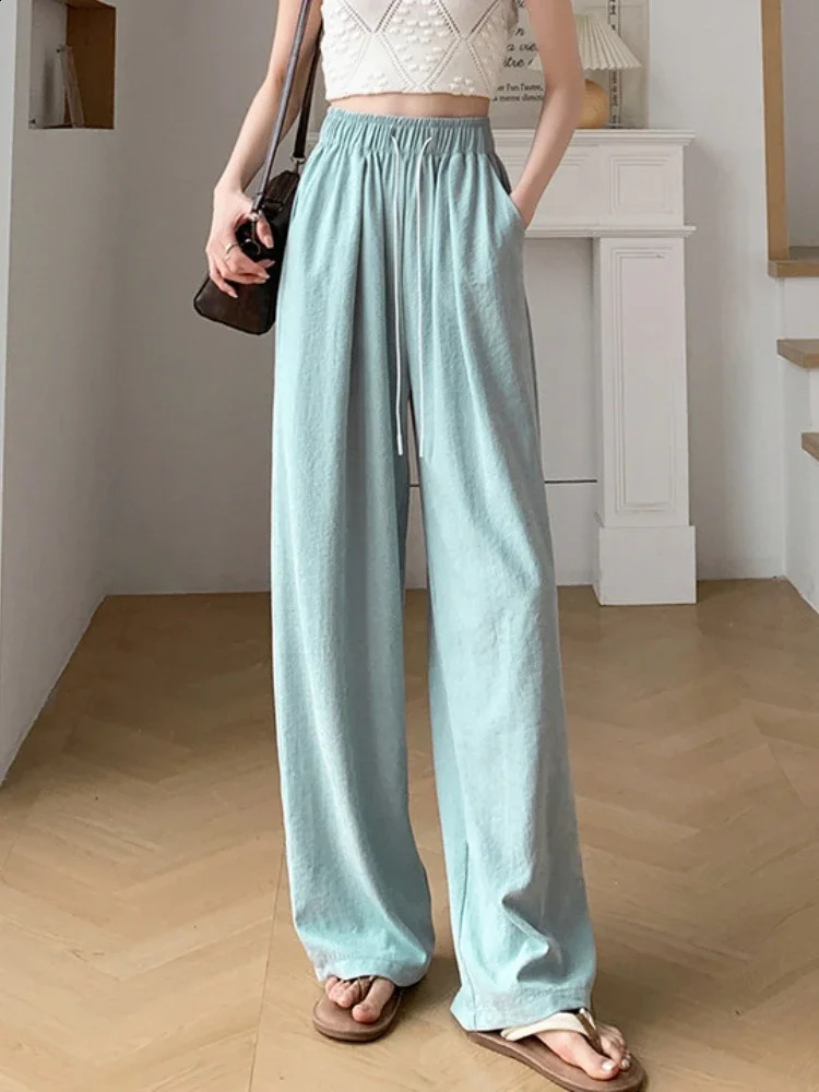 Korean Style Loose Casual Pants Spring and Summer Straight Trousers Simple Comfort Elastic Waist Wide Leg Women 250318