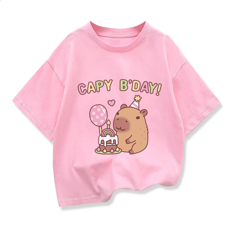 Kids Loose Clothes Short Sleeve T-shirt 2025 Boys Girls Cotton O-neck Tops Tee Summer Children Clothes Cute Capybara Printed 250319
