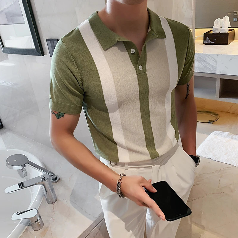 Contrast Knitted Striped Polo Shirt British Mens Fashion Short sleeved Polo Shirt Camisa Masculina Polo Playera Hombre S-3XL 250318