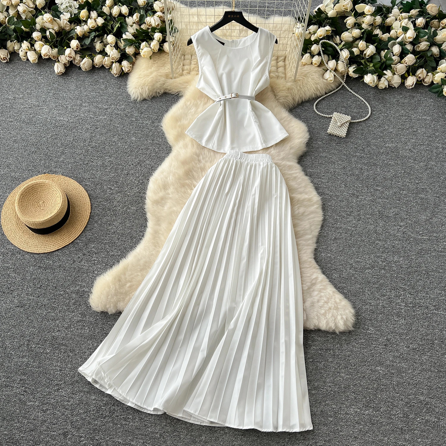 Summer Women White long Skirt Suit Sleeveless Oneck crop top pleated set elegant dress 2 piece skirt 250318