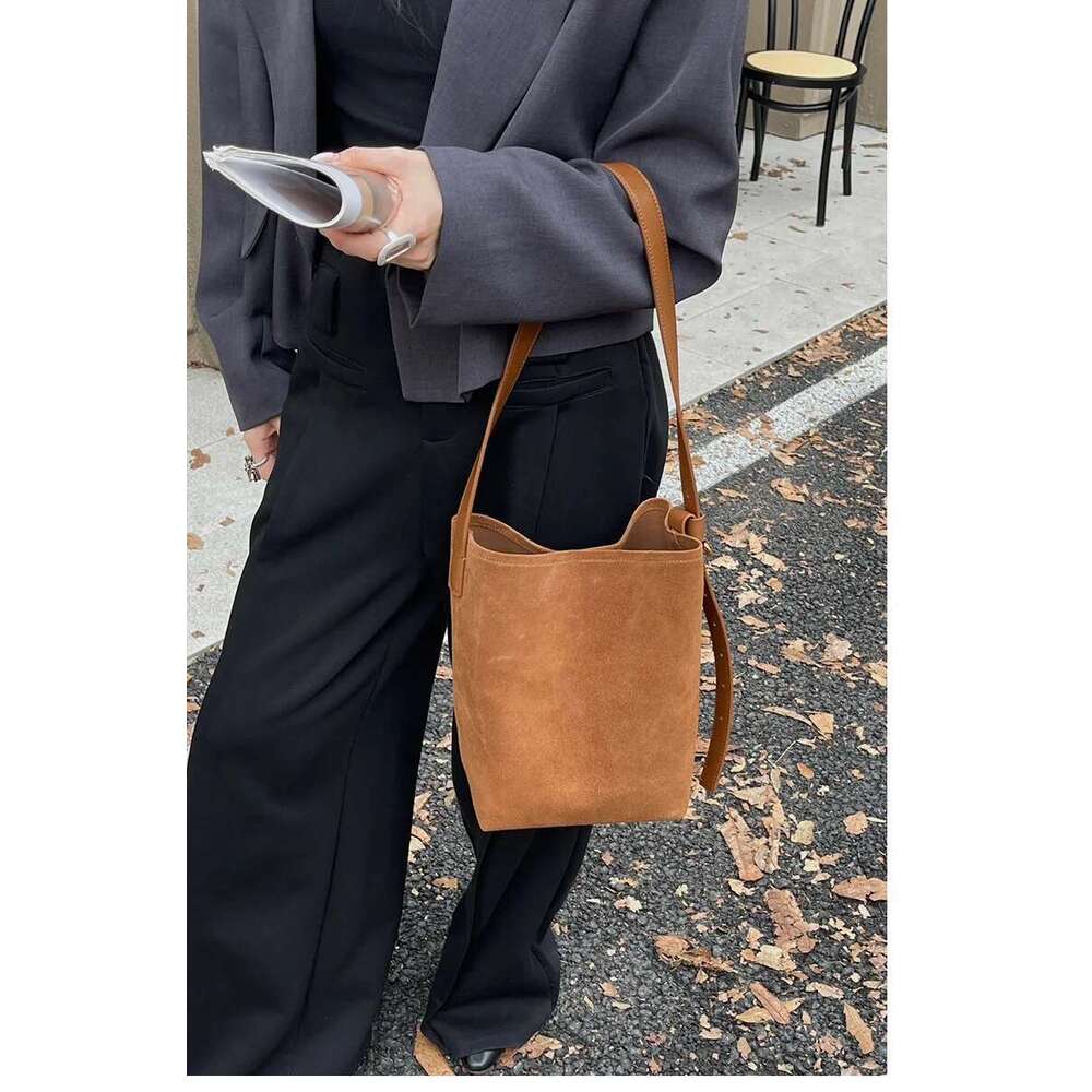 Frosted Cowhide Bucket Women Suede Leather Purses Lazy Style Crossbody Shoulder Winter Large Bag