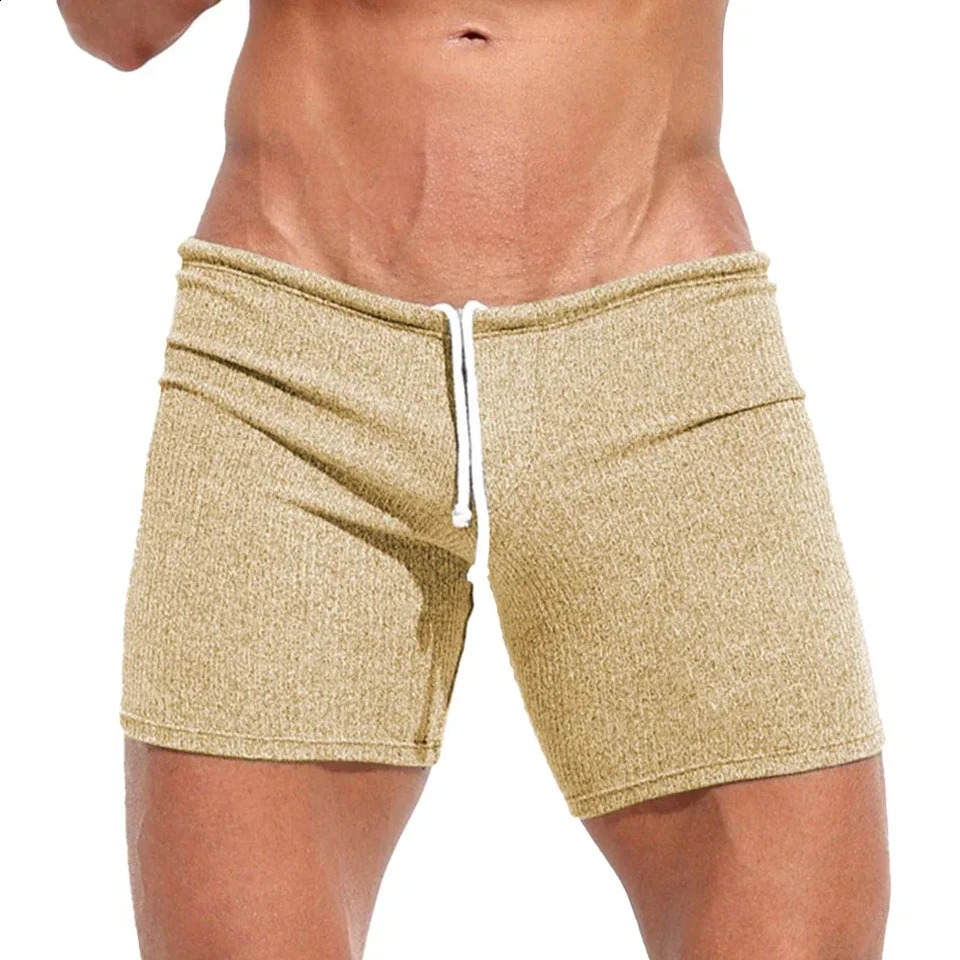 Mens Sexy Drawstring Ribbed Sleepwear Shorts Outdoor Sports Jogging Gym Sportswear Short Pants Holiday Casual Slim Male Shorts 250317
