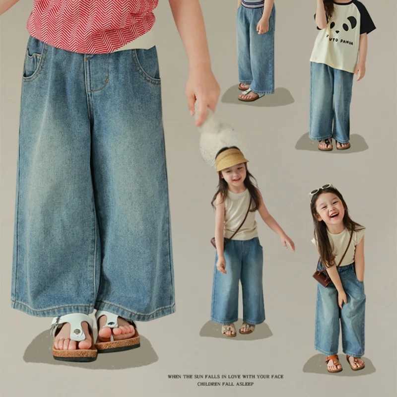 Summer and autumn childrens girls pants high-quality denim fabric girls loose straight jeans 3-8T casual pants wide leg pantsT250318