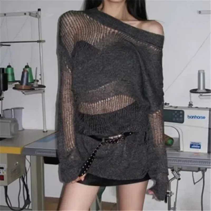 American Style Vintage Hollow out n Thin Knitted Shirt Cover up Lazy Shoulder Exposure Personality Sweater 250318